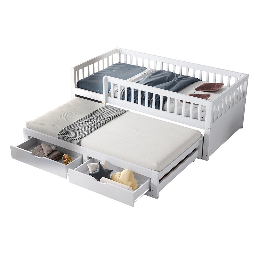 Divano letto-Xylo-90x200 cm-barriera, 2 cassetti, pino bianco