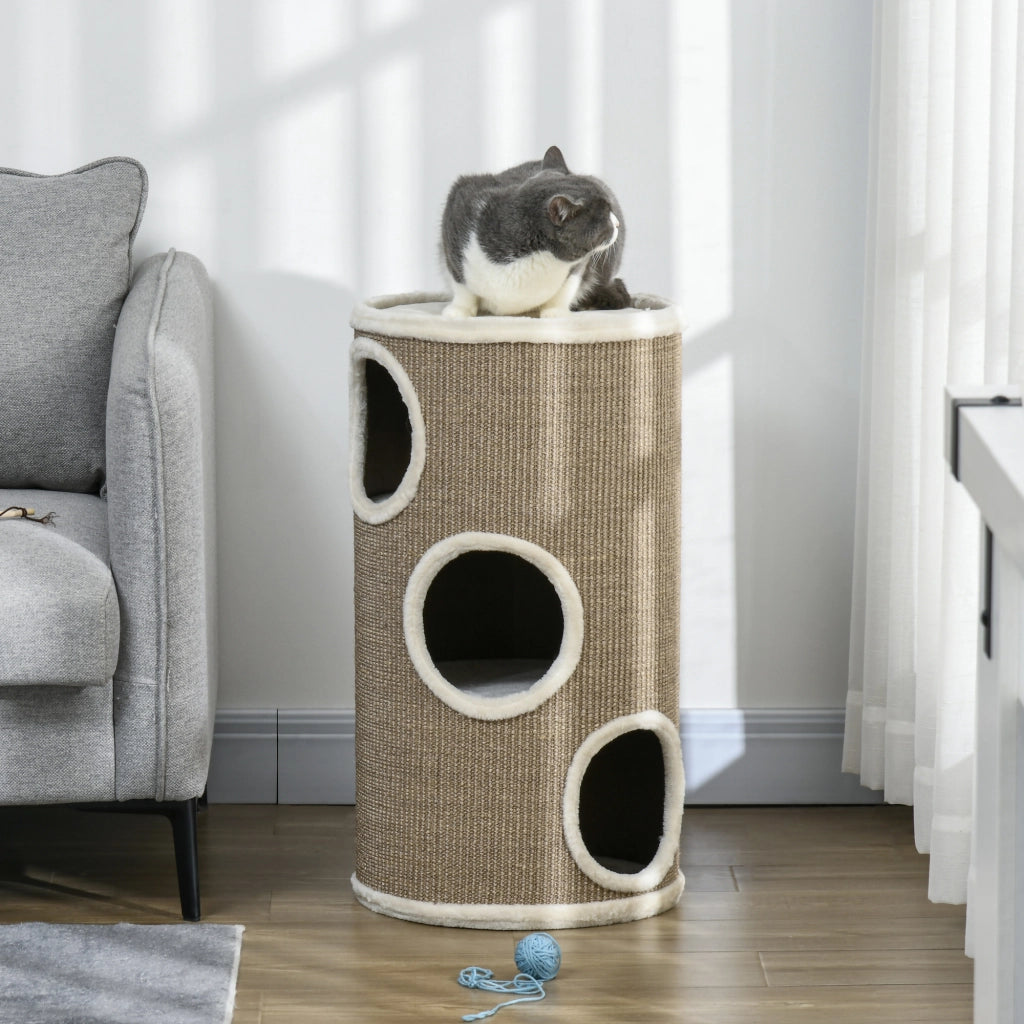 Cuccia per Gatti a 3 Livelli Ø38x70cm con Tiragraffi in Sisal e Peluche Marrone