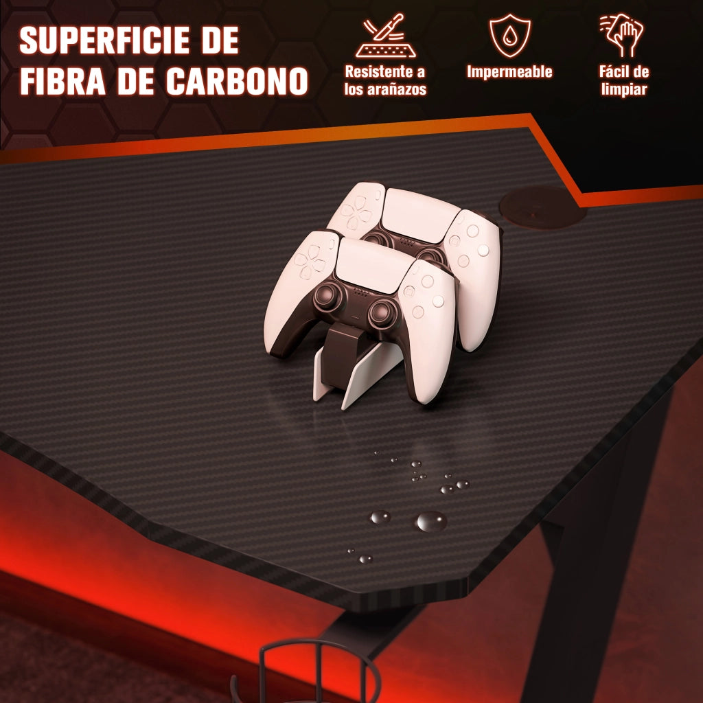 Scrivania Gaming con Supporto Monitor e Porta Auricolari ¨C zephmum ¨C Nero Effetto Fibra di Carbonio 120x65x74.5 cm