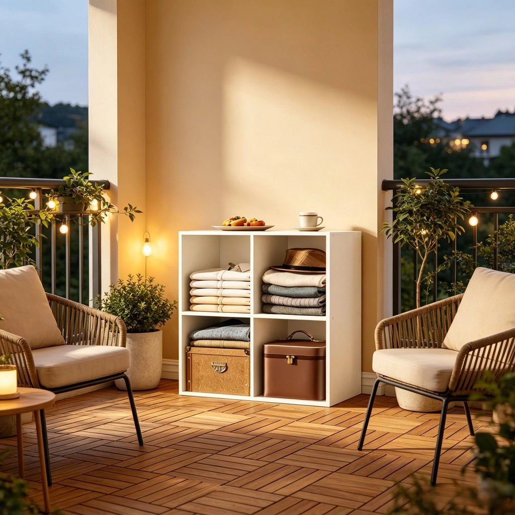Libreria cubo a 4 scomparti bianca, scaffale aperto in legno ingegnerizzato E1, salvaspazio