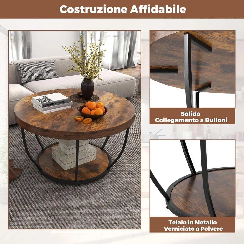 Tavolino da Caffè Rotondo a 2 Ripiani, Tavolo da Salotto in Legno con Struttura in Metallo, Tavolino Soggiorno Industriale con Piedini Regolabili, 80 x 80 x 45 cm (Marrone scuro)