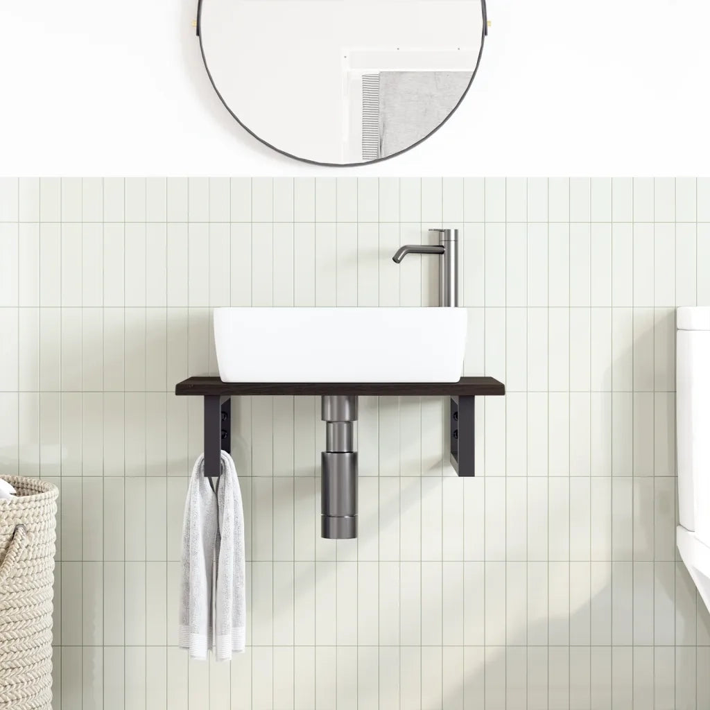 Ripiano a Parete per Lavabo in Acciaio e Massello di Rovere 3302581