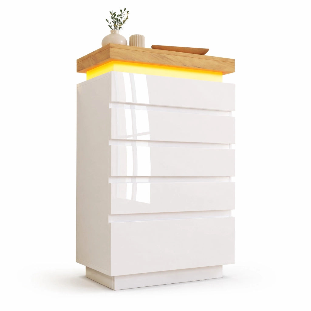Cassettiera con 6 cassetti e LED con controllo touch e app; 115x73x39 cm; truciolare bianco