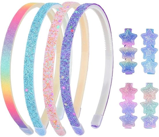 Set di 4 fascette per bambine, 13 x 14 cm & 4 spille per bambine, 7 cm, design stella graduale, presa in silicone, leggero in ABS, accessori per capelli per bambini