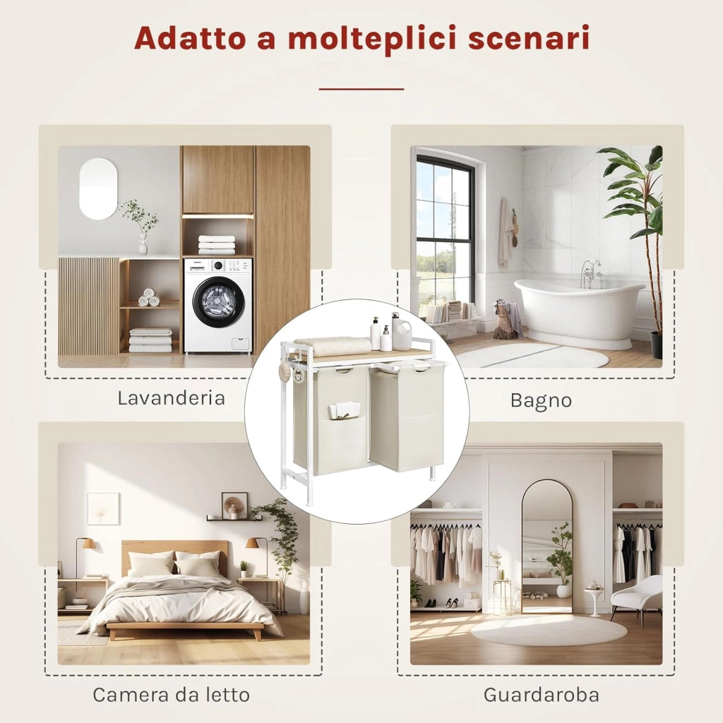 Cesta Biancheria a 2 Scomparti, Cestino Biancheria Sporca con Struttura in Metallo, Sacco per Bucato Rimovibile in Tessuto Oxford, Capacità 40L per Cesto, Bianco
