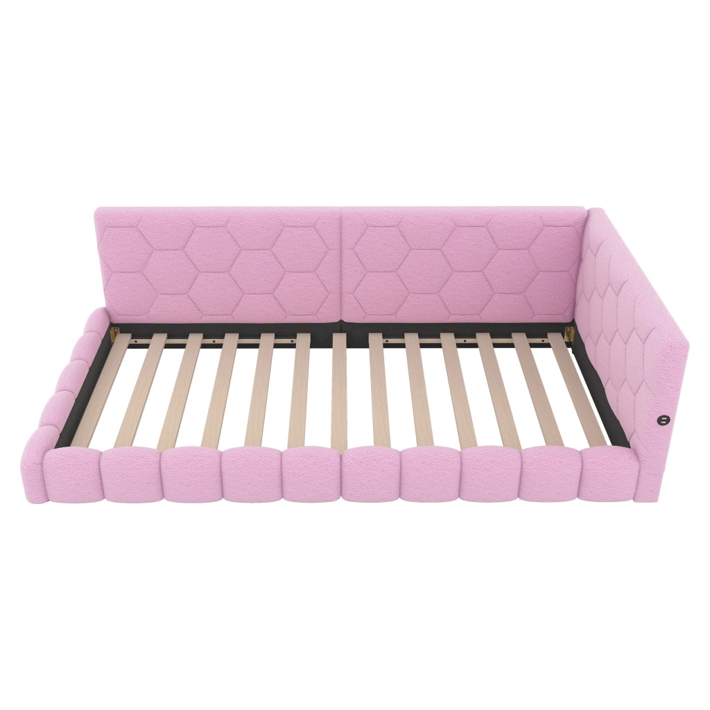 Letto singolo 90×200 cm con LED regolabile; USB; Type-C e rete; senza materasso; velluto; rosa