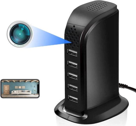 Cassa nascosta con caricatore USB HD 1080p e hub caricatore 5 porte