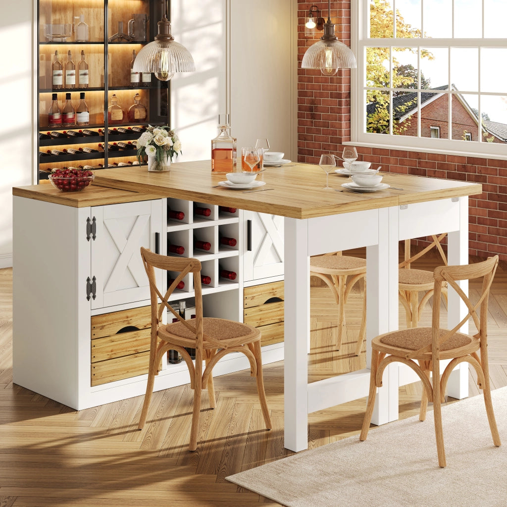 Tavolo da pranzo estensibile con madia, piano girevole a 360°, 1 cassetto e portabottiglie, per cucina, in MDF, bianco