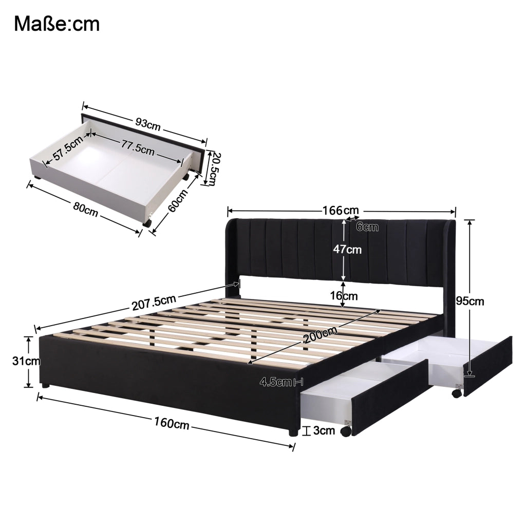 Letto imbottito in velluto nero 160x200 cm con rete a doghe, 2 cassetti e testiera alta