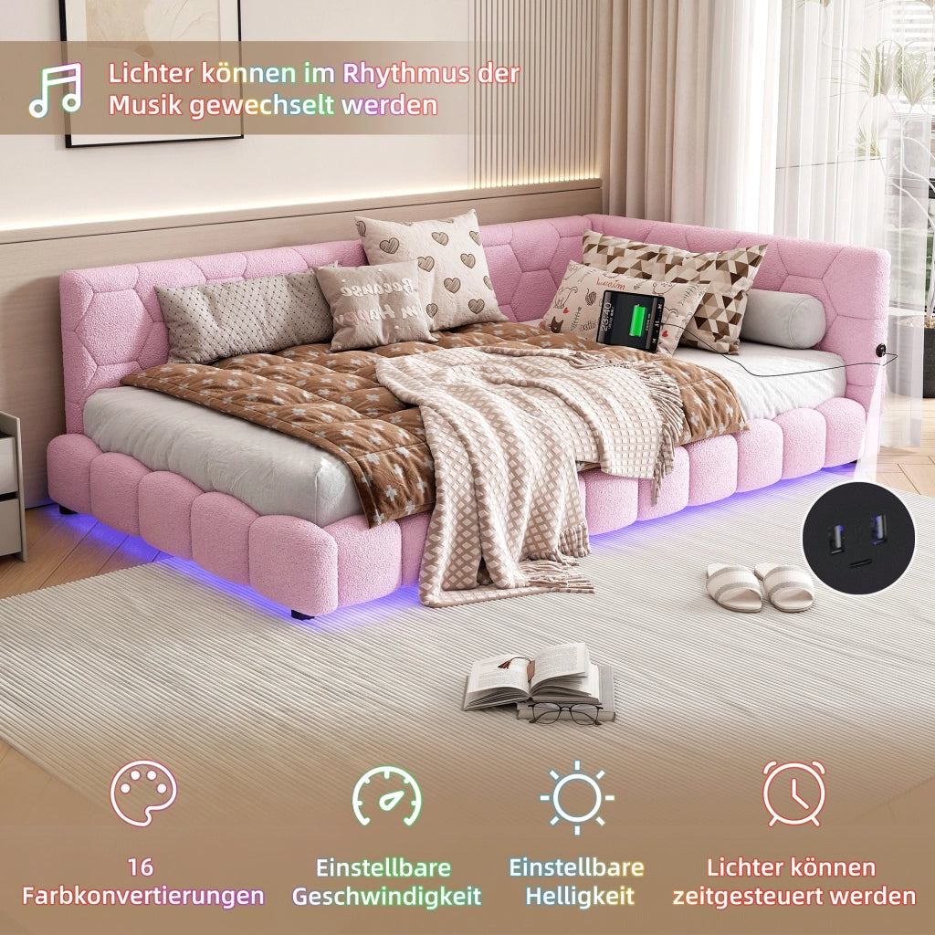 Letto singolo 90×200 cm con LED regolabile; USB; Type-C e rete; senza materasso; velluto; rosa