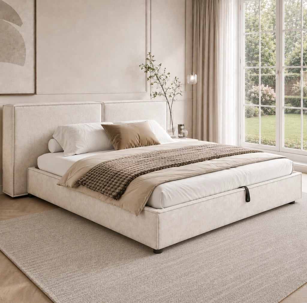 Letto imbottito con vano contenitore idraulico 216x157x97 cm in bouclé beige con rete a doghe