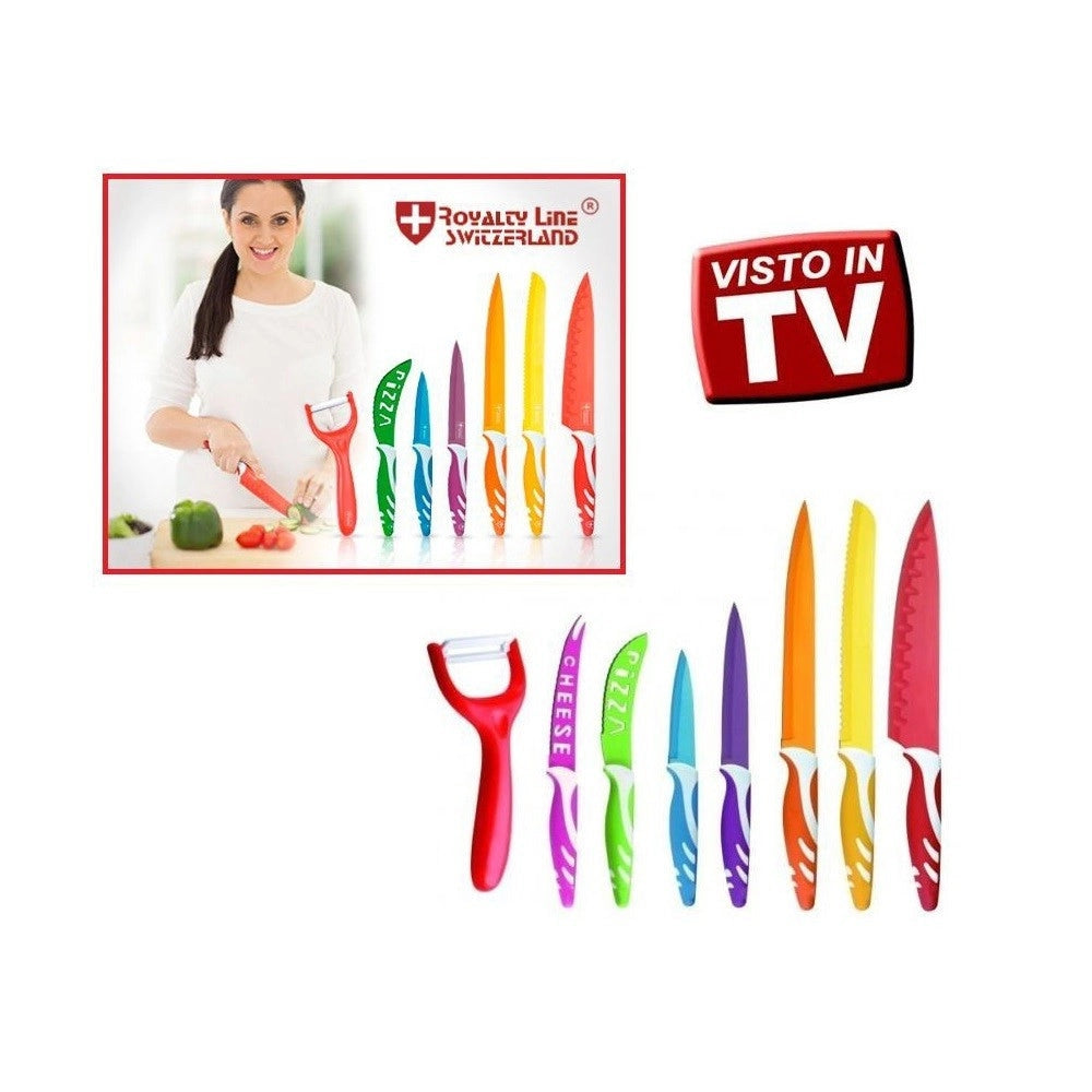 Trade Shop - Set 7 Coltelli Da Cucina Colorati Ceramica Piu Pelapatate Royalty Line Acciaio -
