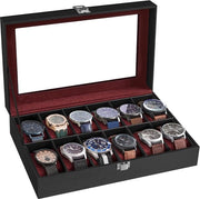 Cassa orologio con 12 compartimenti, cassa orologio con coperchio in vetro, cassa orologio con cuscini orologio rimovibili, cassa orologio premium, fodero in PU nero, imbottitura in velluto rosso vino JWB120R01