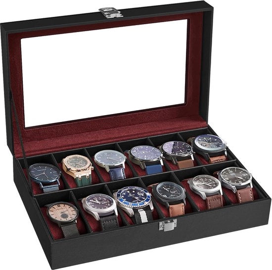 Cassa orologio con 12 compartimenti, cassa orologio con coperchio in vetro, cassa orologio con cuscini orologio rimovibili, cassa orologio premium, fodero in PU nero, imbottitura in velluto rosso vino JWB120R01