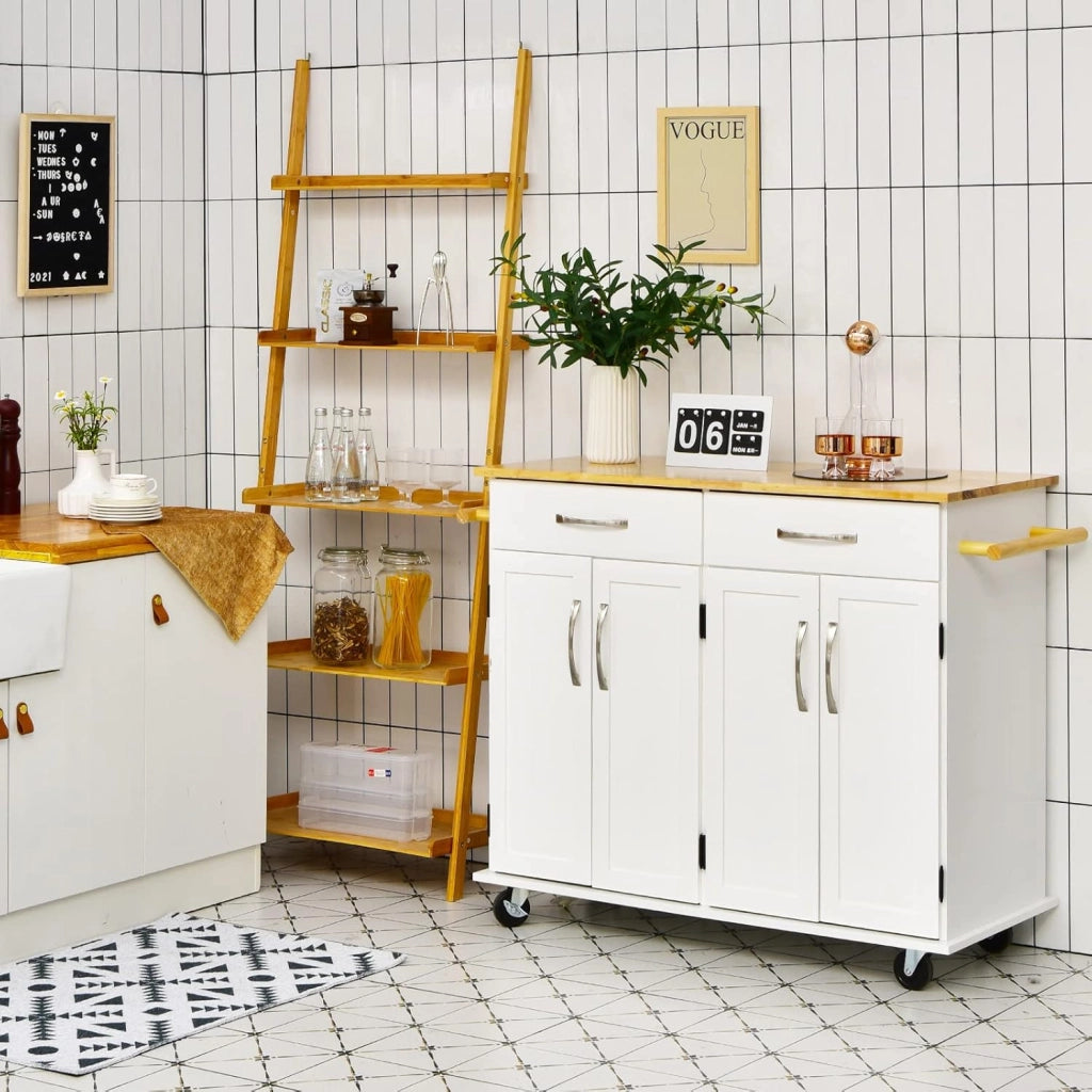 Carrello da cucina a isola con piano di lavoro, carrello da portata in legno con ruote bloccabili, trolley da cucina con 2 cassetti/portasciugamani/doppia porta, mobile da cucina (bianco)