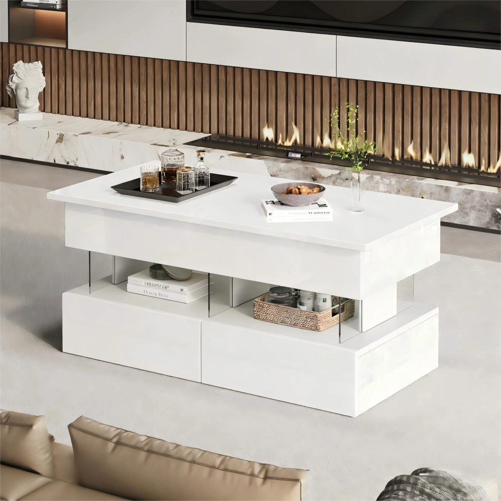 Tavolino da salotto sollevabile 100 cm con contenitore a scomparsa; 2 cassetti e LED; MDF; bianco lucido