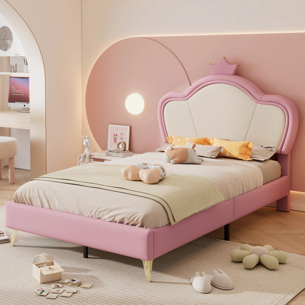 OKWISH Letto Bambini 90×200 cm, Letto Singolo con Bordi Imbottiti, Testiera Corona e 12 Doghe, senza Materasso, PU, Rosa e Bianco