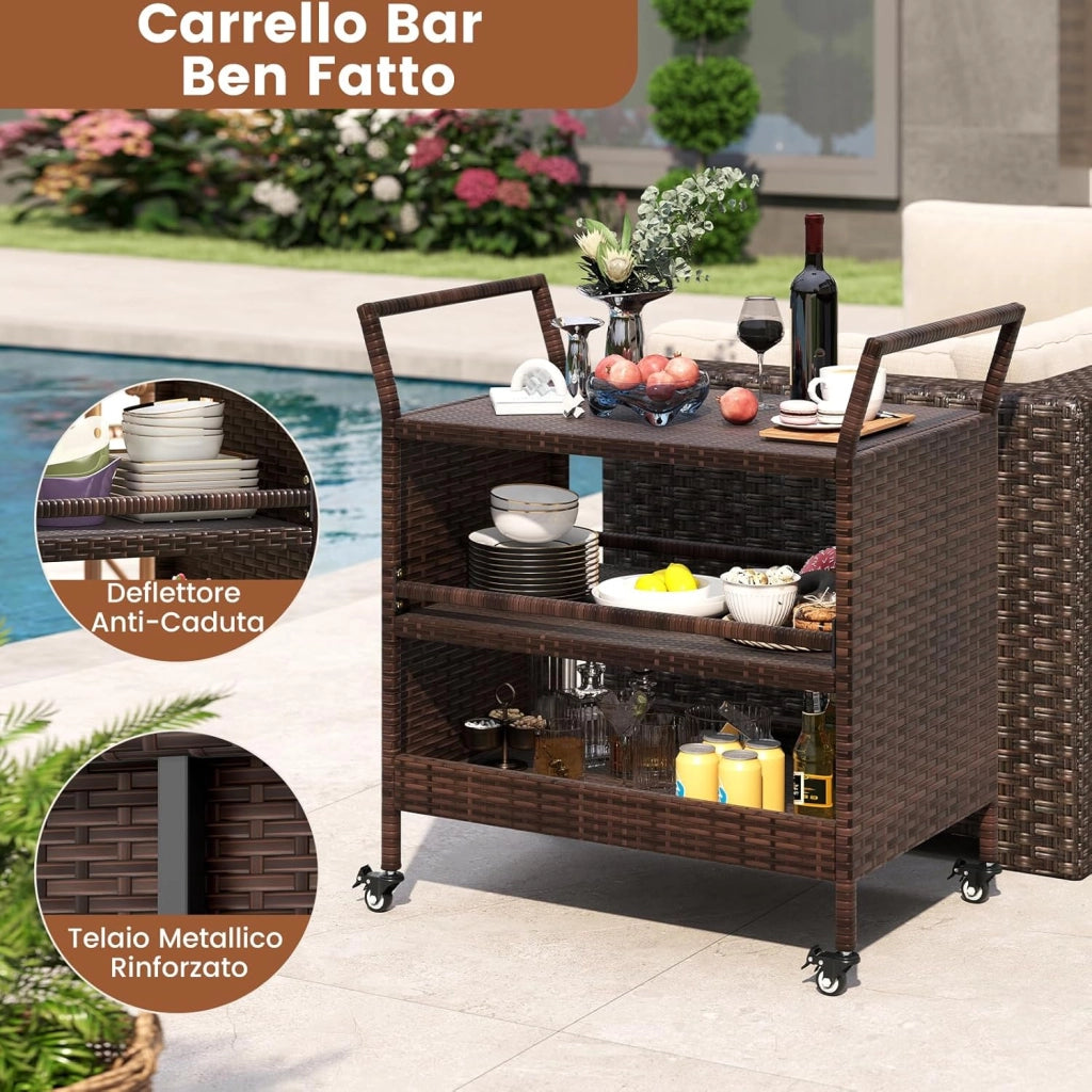 Carrello da Bar da Esterno, Mensola di Stoccaggio in Vimini con 3 Livelli Ruote e Maniglie Laterali, Tavolino da Servizio per Giardino Bordo Piscina Veranda, 86 x 50 x 89 cm