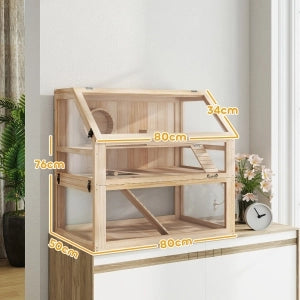 Scaffale a 3 livelli per piccoli animali con accessori, pannelli acrilici e apertura frontale in legno naturale 80 × 50 × 76 cm