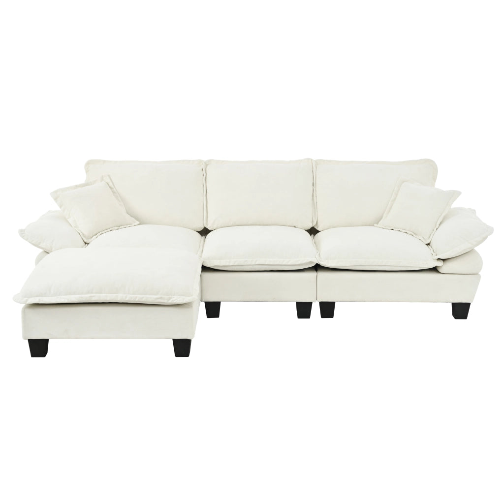Divano angolare modulare con pouf mobile e 2 cuscini in ciniglia beige 263×151×90 cm