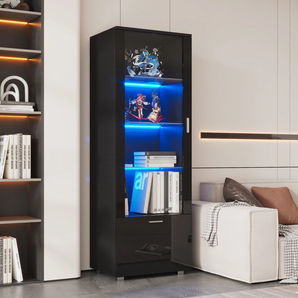 Vetrina con 3 ripiani, ante in acrilico e LED con telecomando, per soggiorno e studio, nero, 40 × 50 × 160 cm