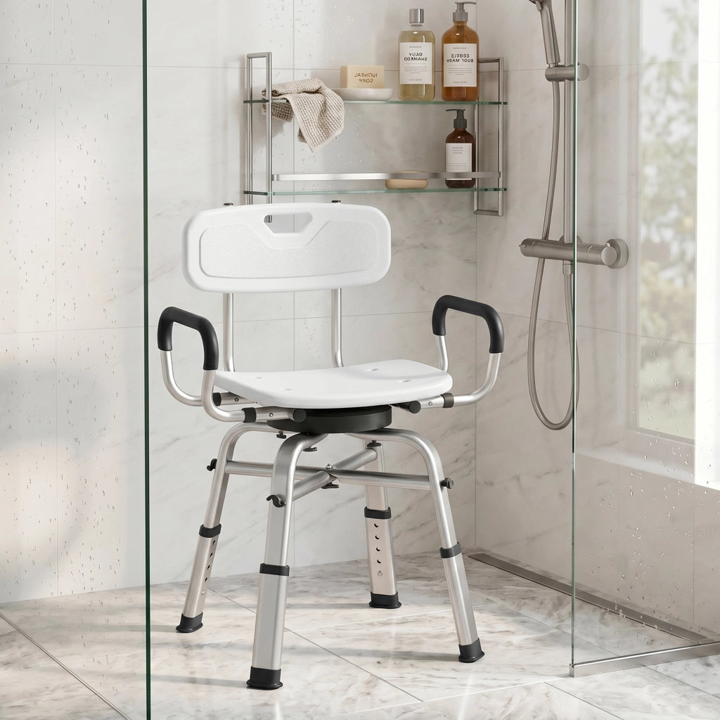 Sedia per Doccia Girevole ad Altezza Regolabile con Braccioli. Schienale. Capacit¨¤ 150 kg. Bianco