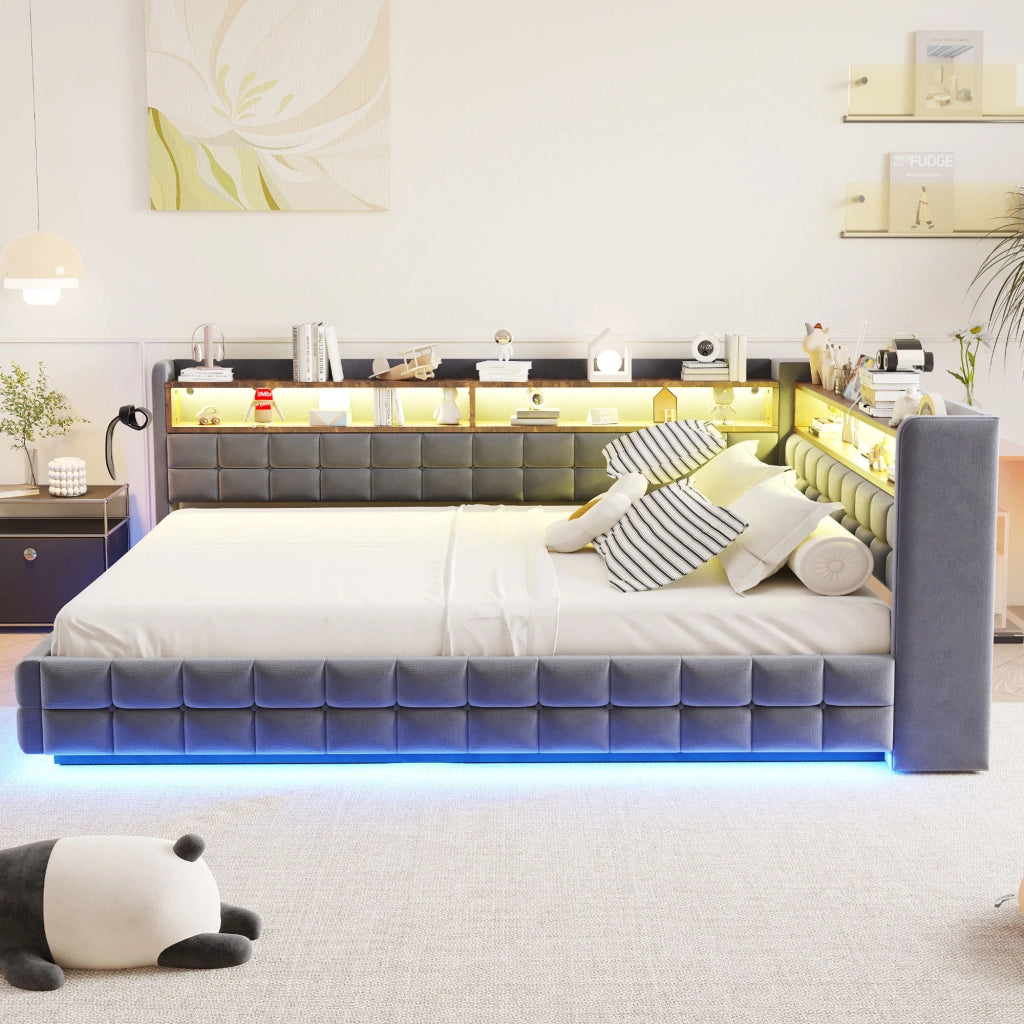 Letto divano 140 × 200 cm con contenitore idraulico, LED, presa USB e Type-C, senza materasso, in velluto grigio