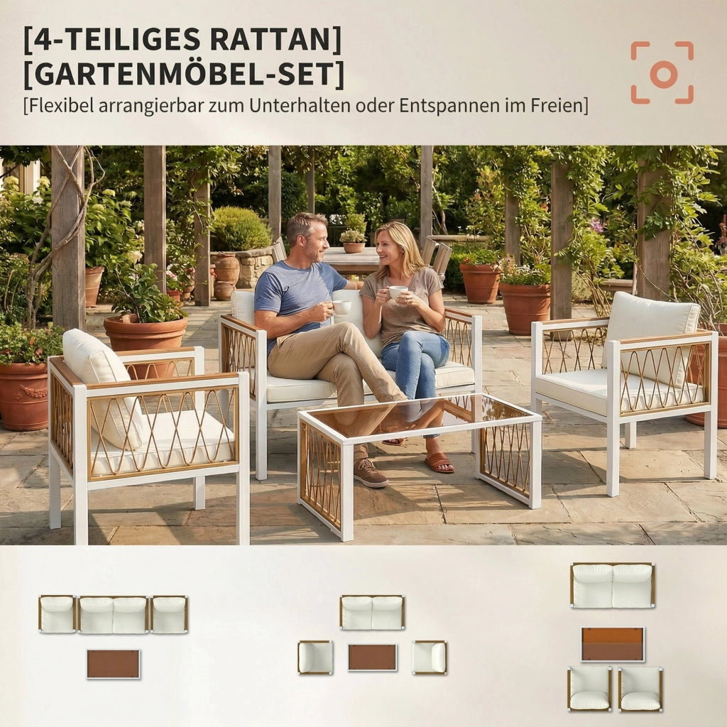 Set Lounge Giardino 4 Pezzi Polyrattan ¨C zephmum ¨C Grigio, Cuscini Rimovibili, Tavolino Vetro