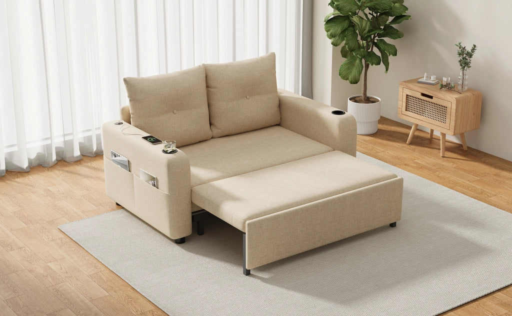 Divano letto 131x81x94 cm in tessuto misto cotone e lino beige con USB， portabicchieri