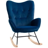 Poltrona a Dondolo con Trapunta, Pioli in Legno, Velluto Sintetico, fino a 150 kg, Blu