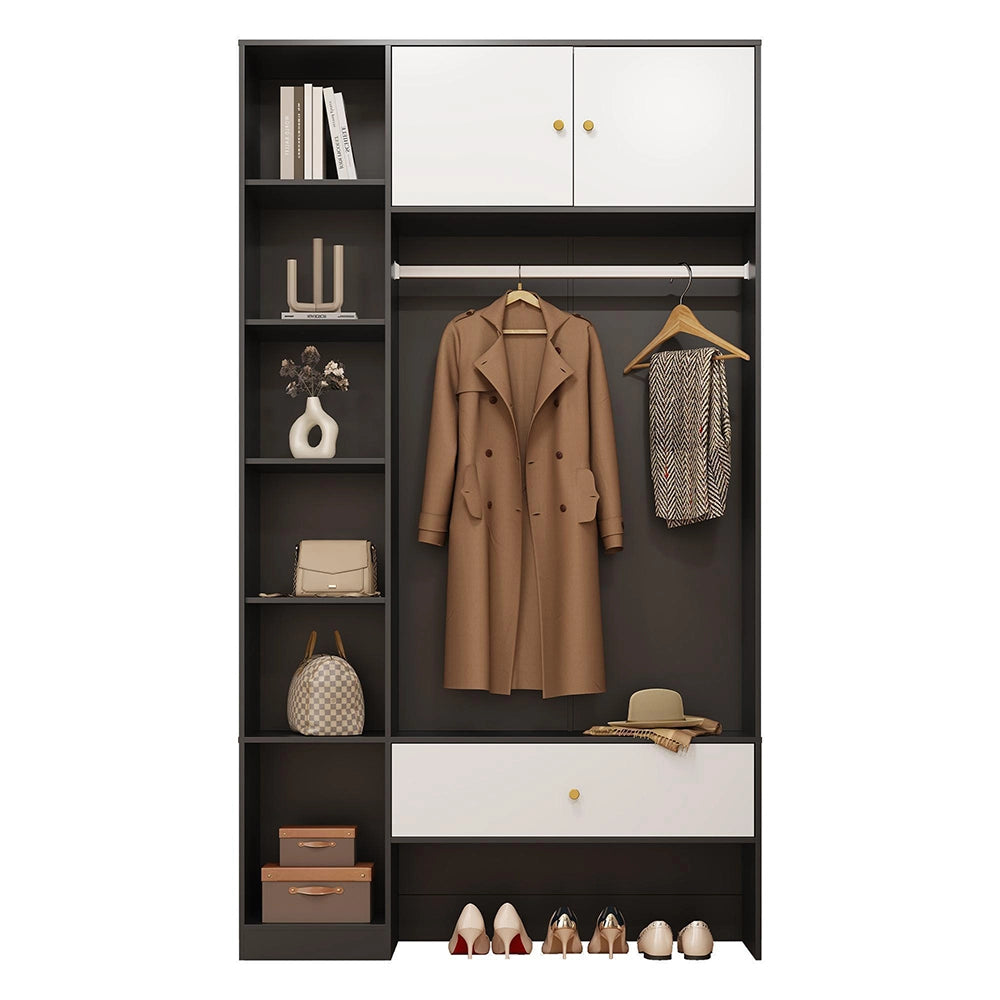 Armadio per ingresso compatto - Xylo - 105x185x40 cm - Bianco e nero - 2 ante, 6 scomparti, appendiabiti, cassetto
