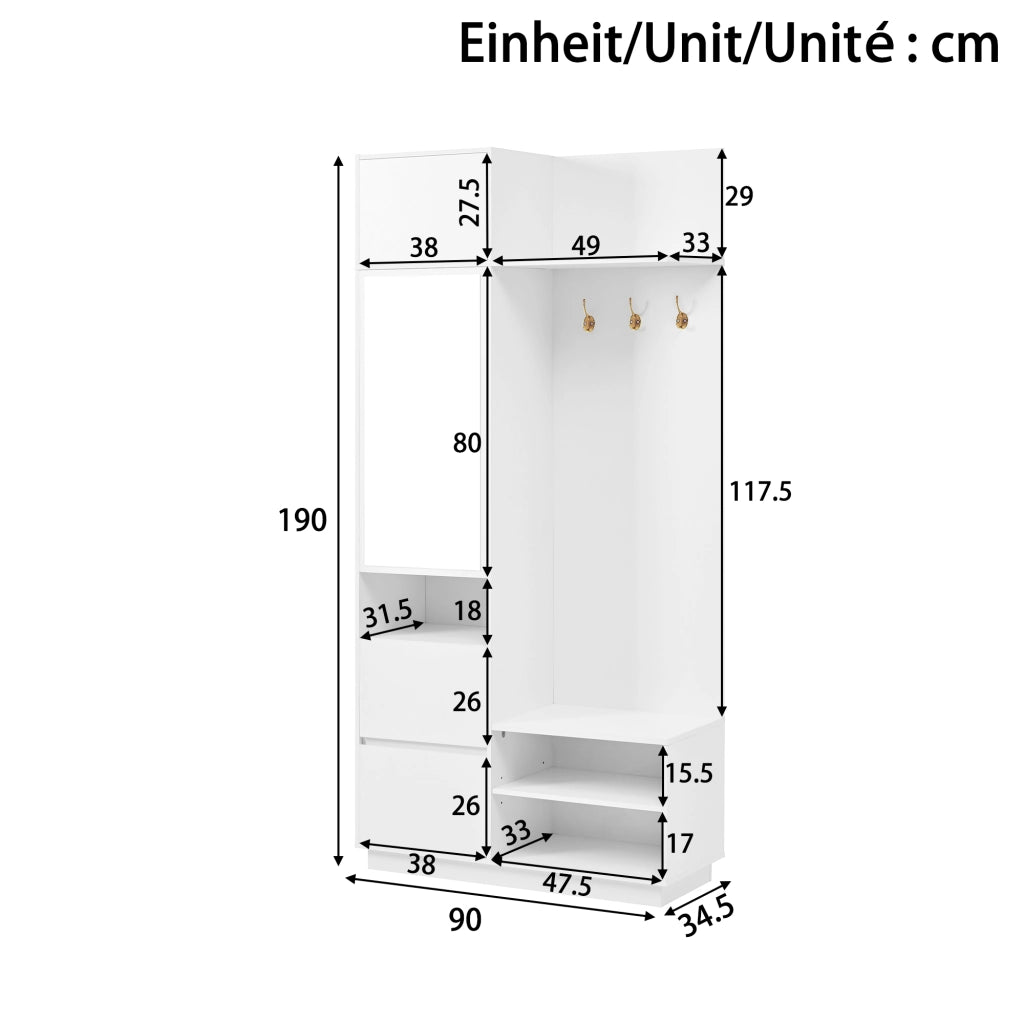 Set mobili da ingresso con armadio a specchio, panca portascarpe, cassetti e ganci, in MDF bianco
