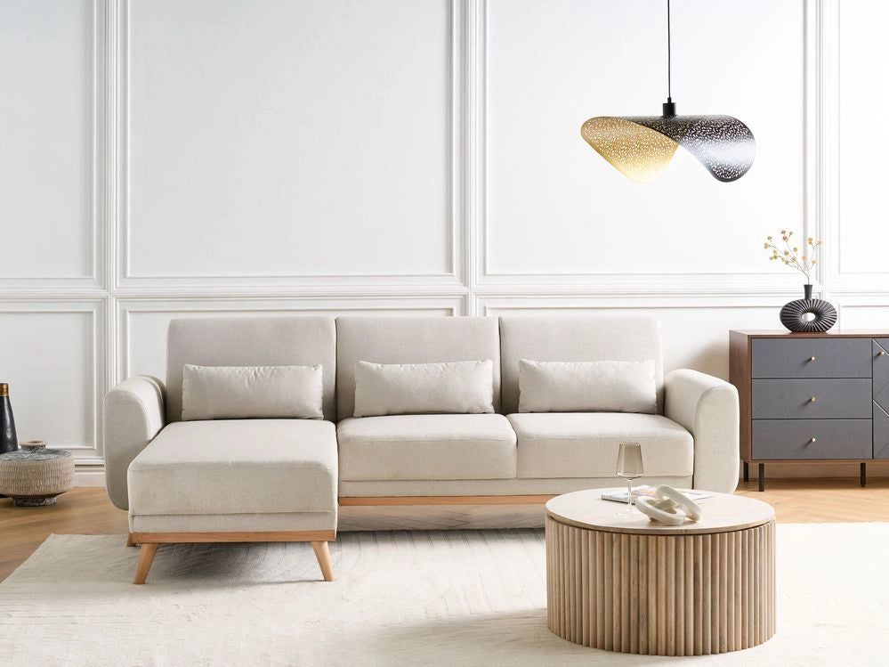 Divano letto ad angolo Rivestimento beige chiaro in tessuto poliestere Gambe in legno chiaro Cuscini Design moderno