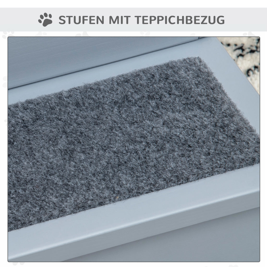 Scala per animali domestici a 3 gradini con portaoggetti e feltro antiscivolo in legno grigio 40,5 × 44,5 × 38 cm