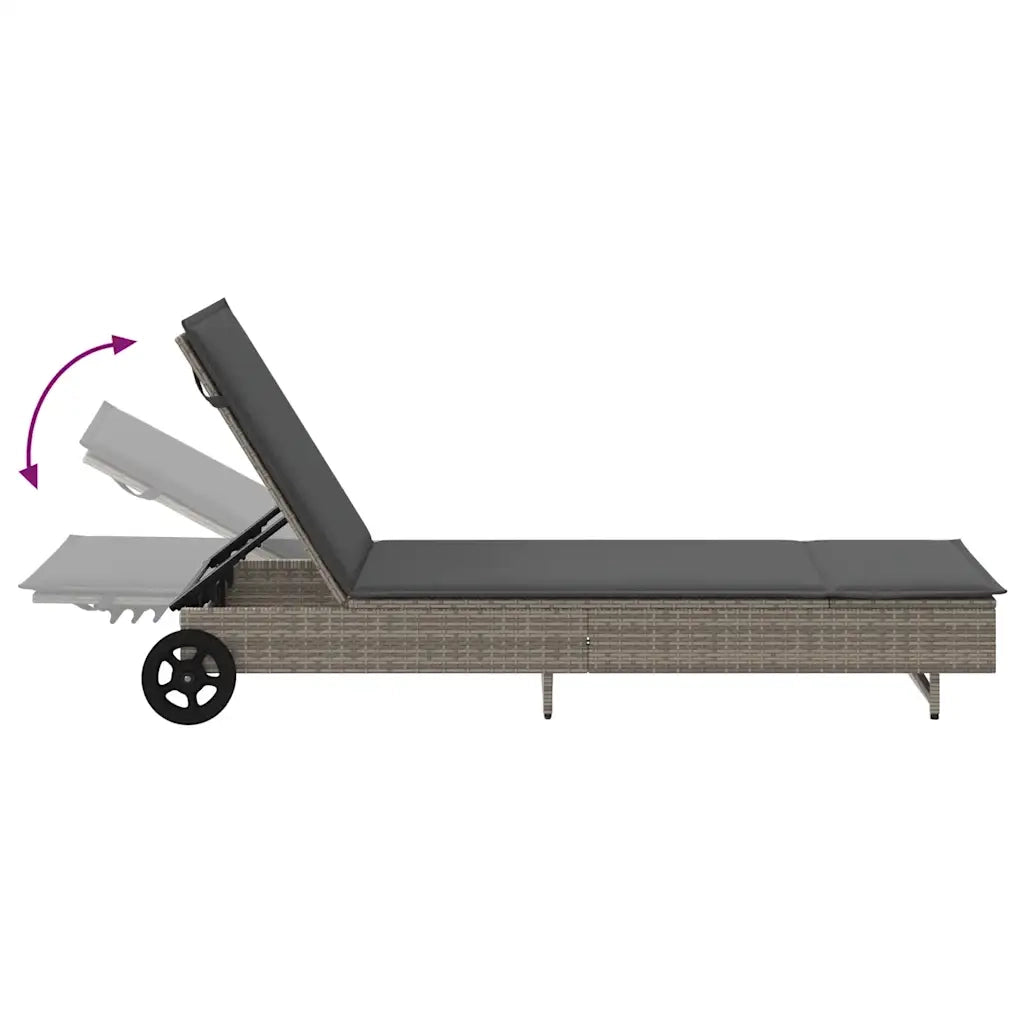 Lettino Prendisole | Sdraio da giardino | Lettino da sole con Ruote e Cuscino in Polyrattan Grigio