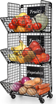 Estensione per frutta e verdura a muro in metallo, carrello a 3 livelli con 5 ganci S e schedari da assemblaggio, nero