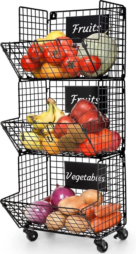 Estensione per frutta e verdura a muro in metallo, carrello a 3 livelli con 5 ganci S e schedari da assemblaggio, nero