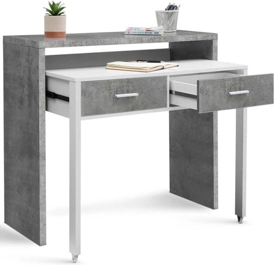 Scrivania estensibile Max in legno a imitazione di cemento e bianco