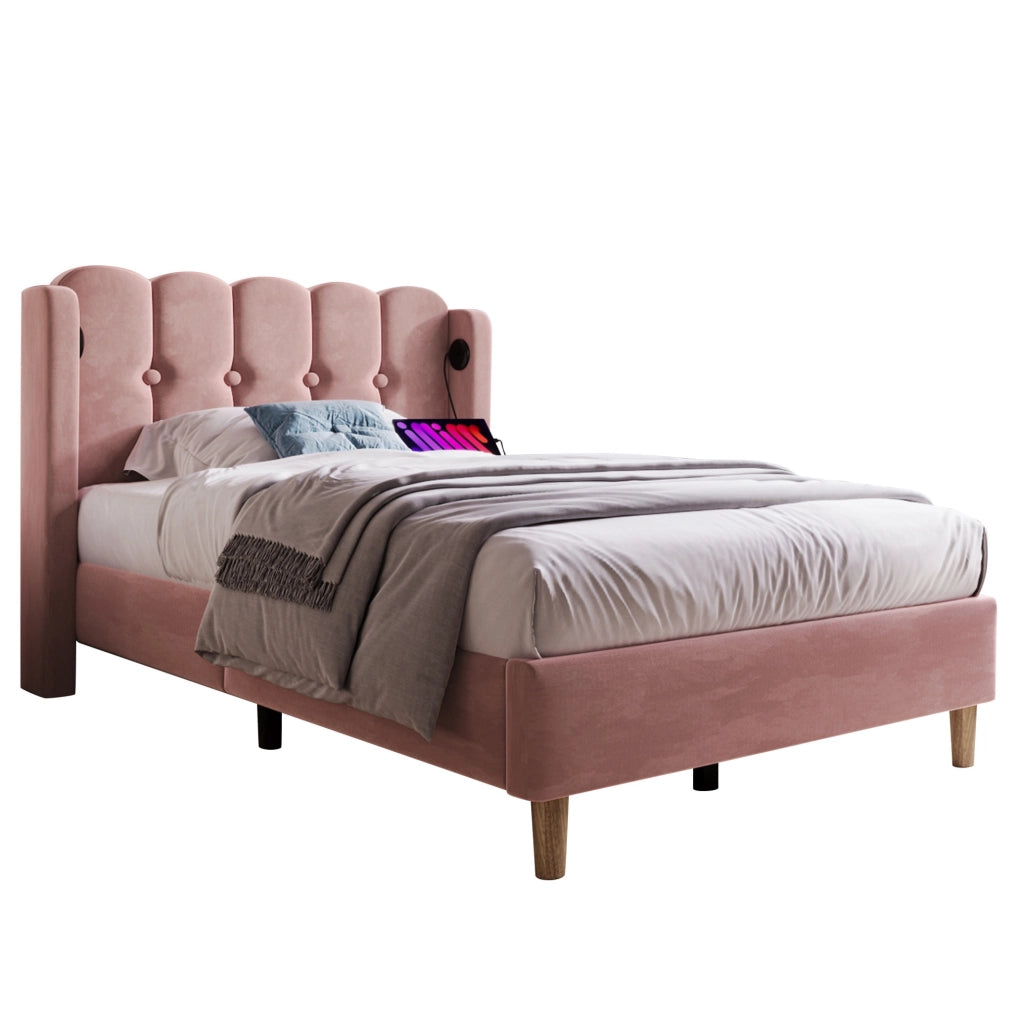 Letto singolo 90x200 cm imbottito in velluto rosa con USB e Type-C; con materasso