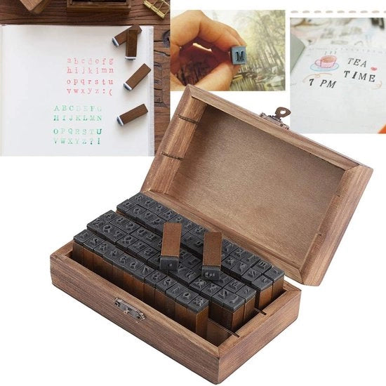 Set di Timbri Vintage da 70 pezzi - Timbri in Legno - Scatola di Conservazione - Materiali per Scrapbook - Attività Artistiche - Dimensioni 14,8 x 8,8 x 5 cm - Timbri da Stampa