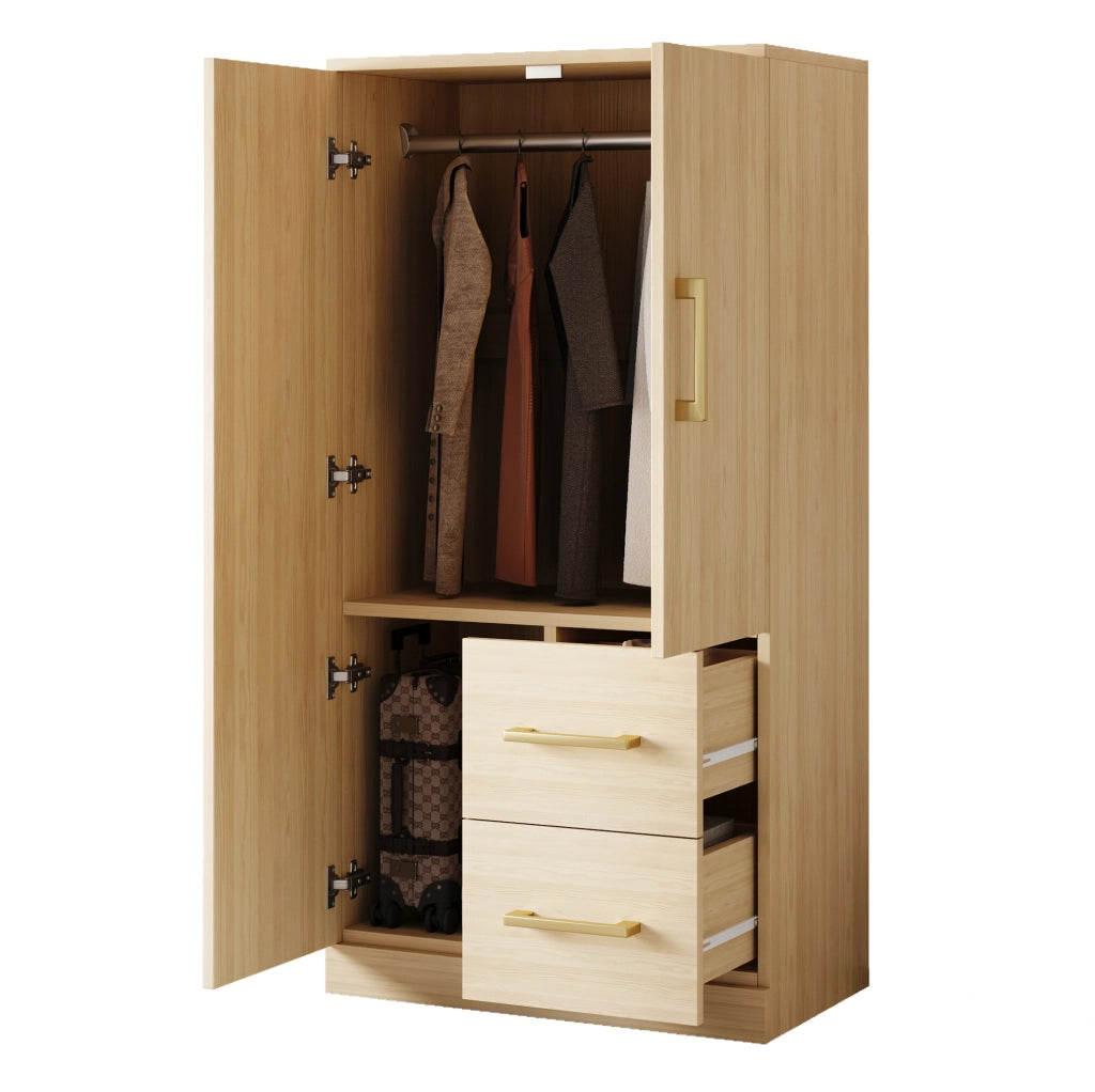Armadio per cameretta a 2 ante con 2 cassetti e vano contenitore; 70 x 40 x 135 cm; legno naturale