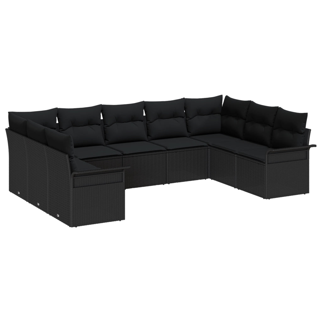Set divani giardino con cuscini neri in polirattan
