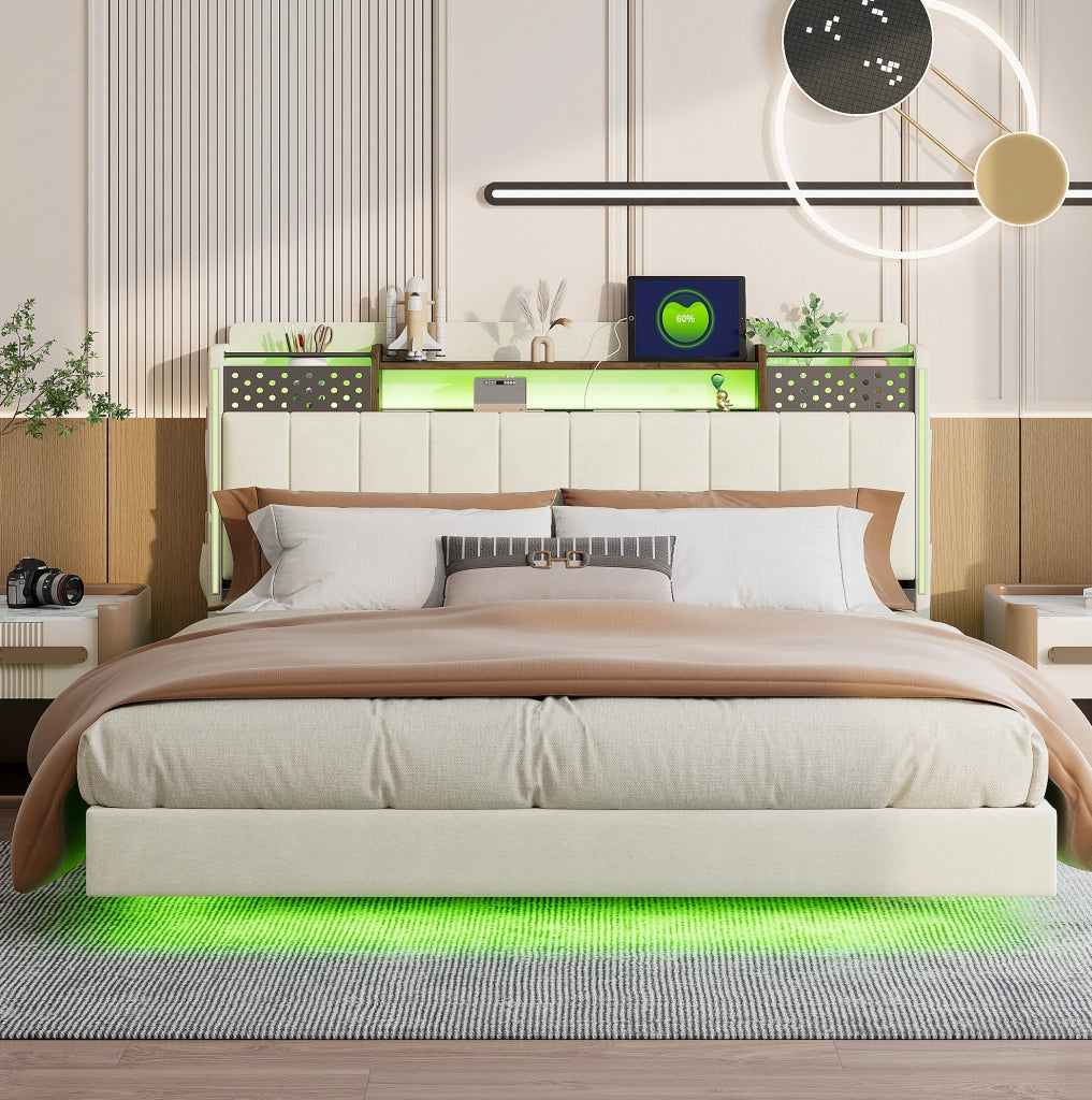 Letto matrimoniale imbottito 160x200 cm beige con LED e USB