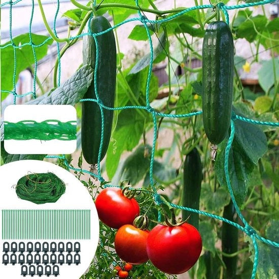 Reticolo Premium per piante rampicanti 2 m x 5 m - Reticolo per melanzane e pomodori - Reticolo accessori con 25 mollette e 50 clip