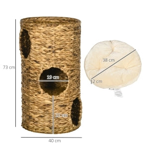 Tiragraffi per gatti a 3 livelli con 3 cucce, design naturale in giacinto d’acqua, Ø40 x 73 cm