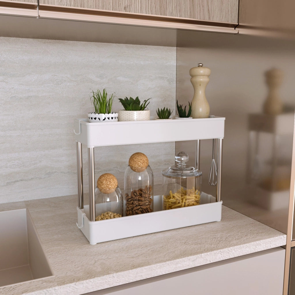 Carrello Portaoggetti A 4 Ripiani Mobile Salvaspazio In Plastica Con Ruote Struttura In Acciaio Per Spazi Ridotti Cucina Bagno Lavanderia Camera Da Letto Salotto Studio 40 x 13 x 85 Cm Bianco