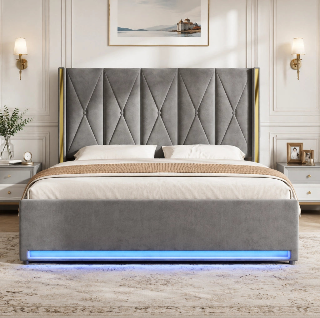Letto contenitore 180x200 cm in velluto grigio scuro con LED e USB