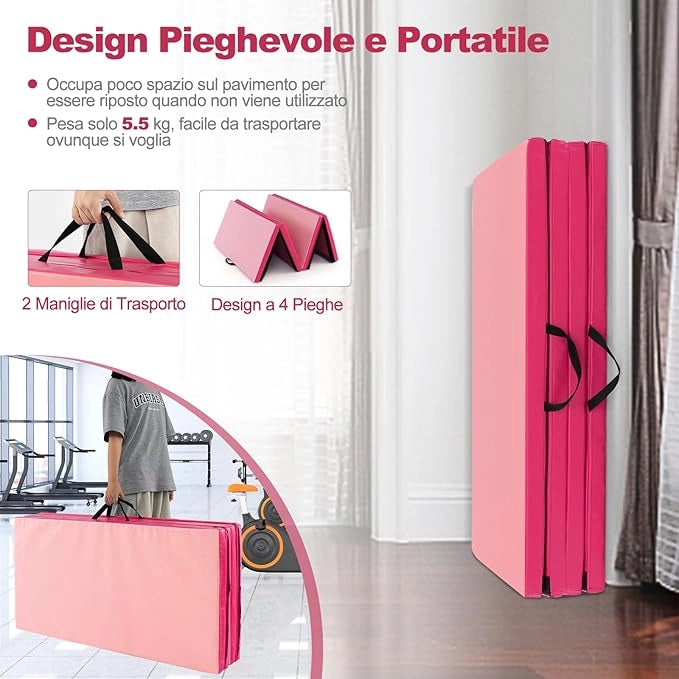 Tappetino Fitness Yoga, 240x120x5 cm, 4 Segmenti Pieghevoli, Materassino da Ginnastica, Impermeabile in Schiuma PU, con Manici, Leggero e Portabile, Trasporto Facile(Rosa)