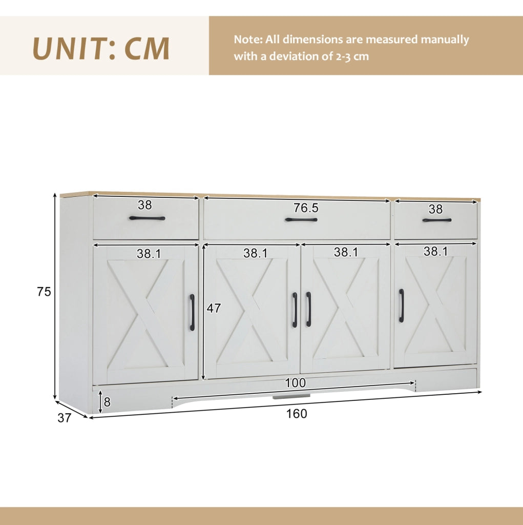 Madia bianca in MDF con 3 cassetti e 4 ante, 160 cm