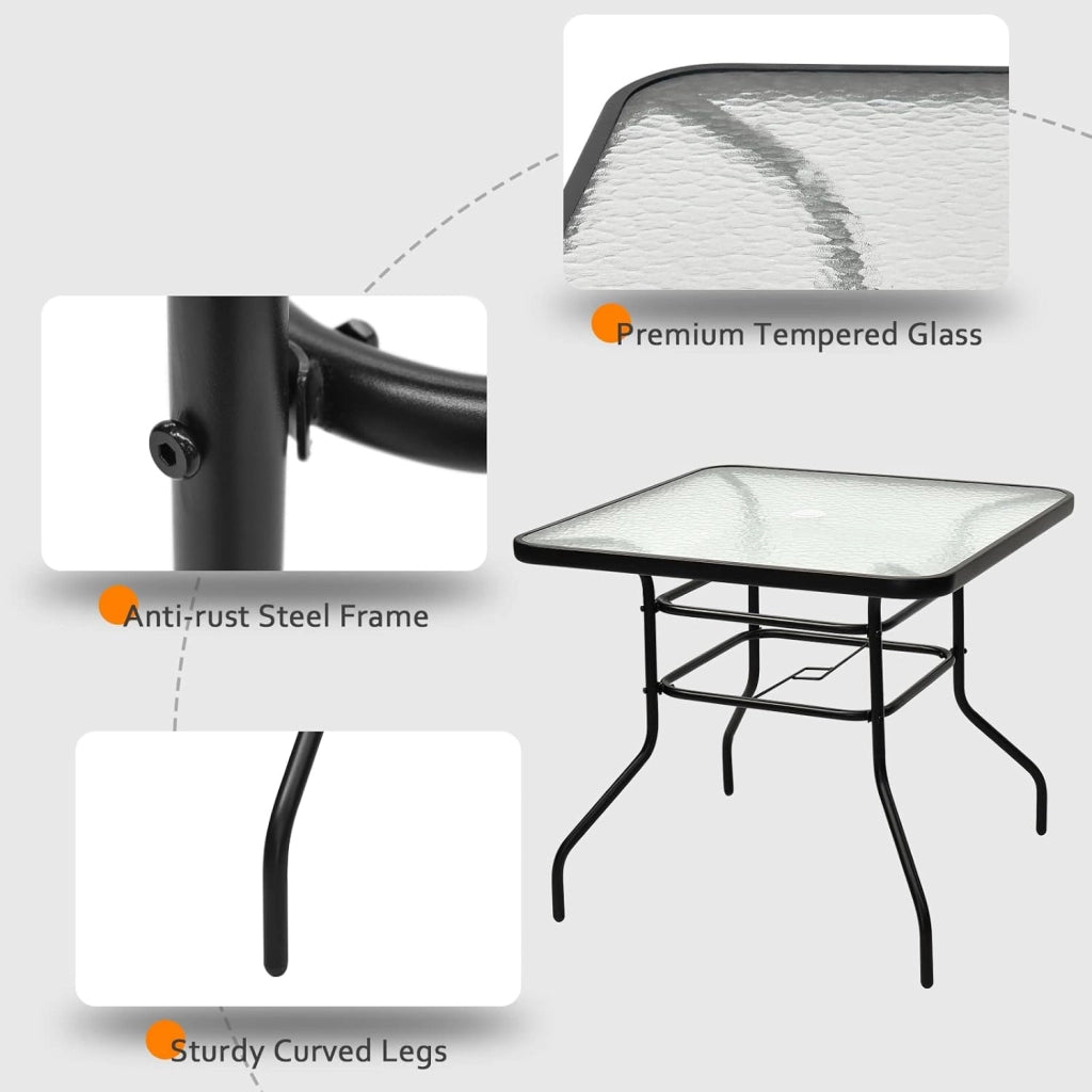 Tavolino in Vetro, con Foro di 40 mm per Ombrellone, 2 Anelli di Fissaggio, Tavolino Multiuso da Esterno, Giardino, Cortile, Balcone, Portata di 80 kg, 81x81x71 cm (Quadrato)